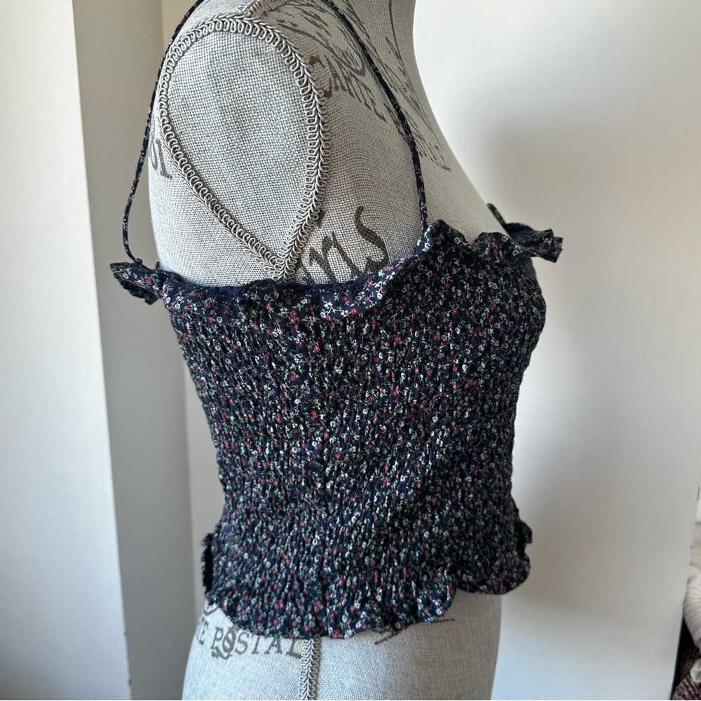 Ralph Lauren Floral Smocked Crop Top – Navy + Red/Green Ditsy (Size M)